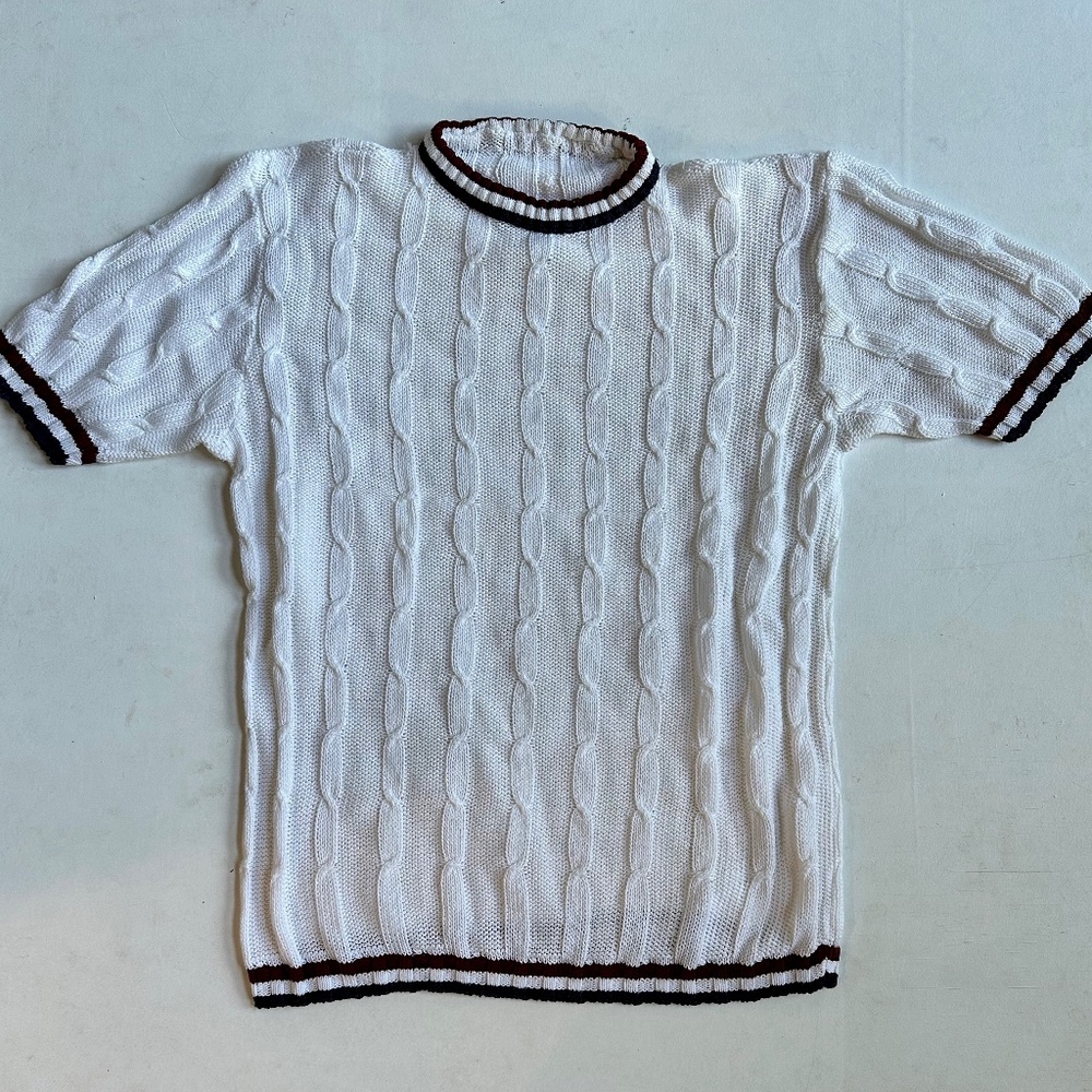 White Cable Knit Sweater with Black Trim
